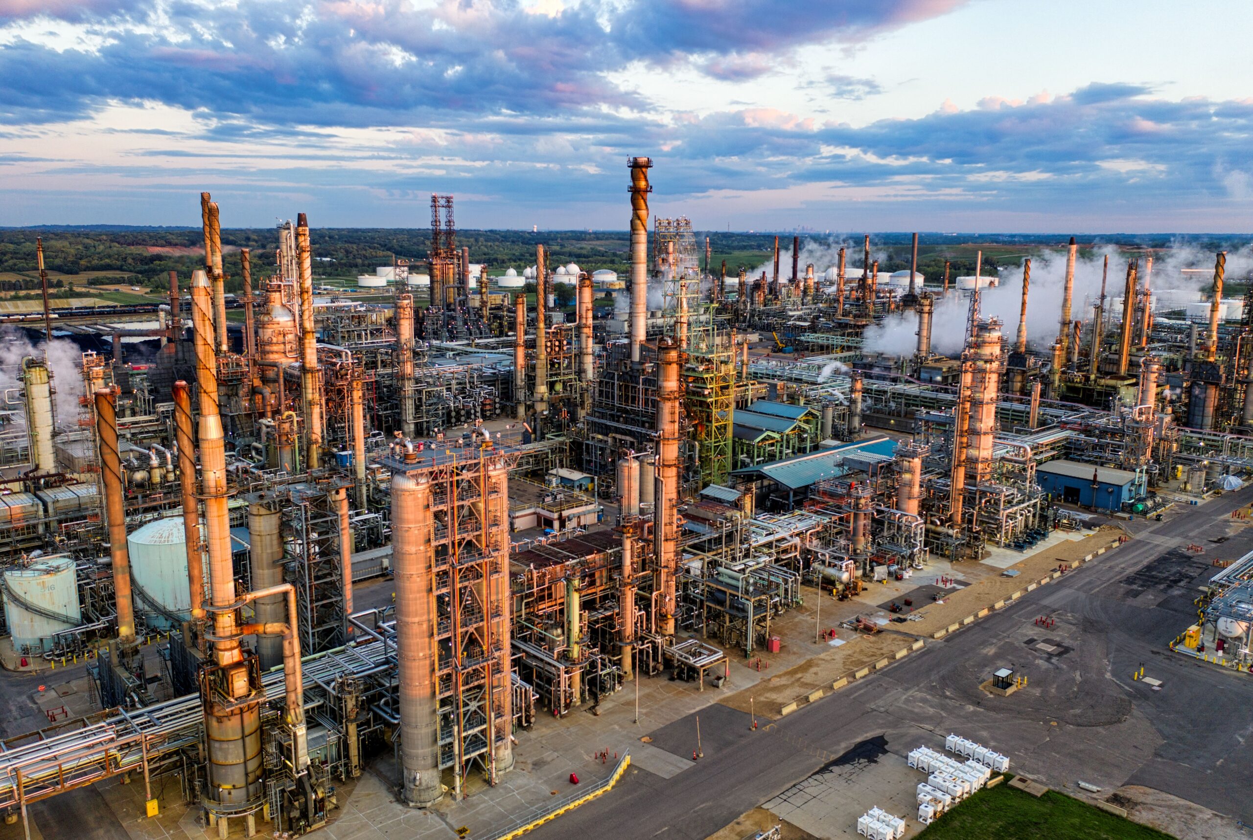 Petrochemical refinery aerial view at dusk
